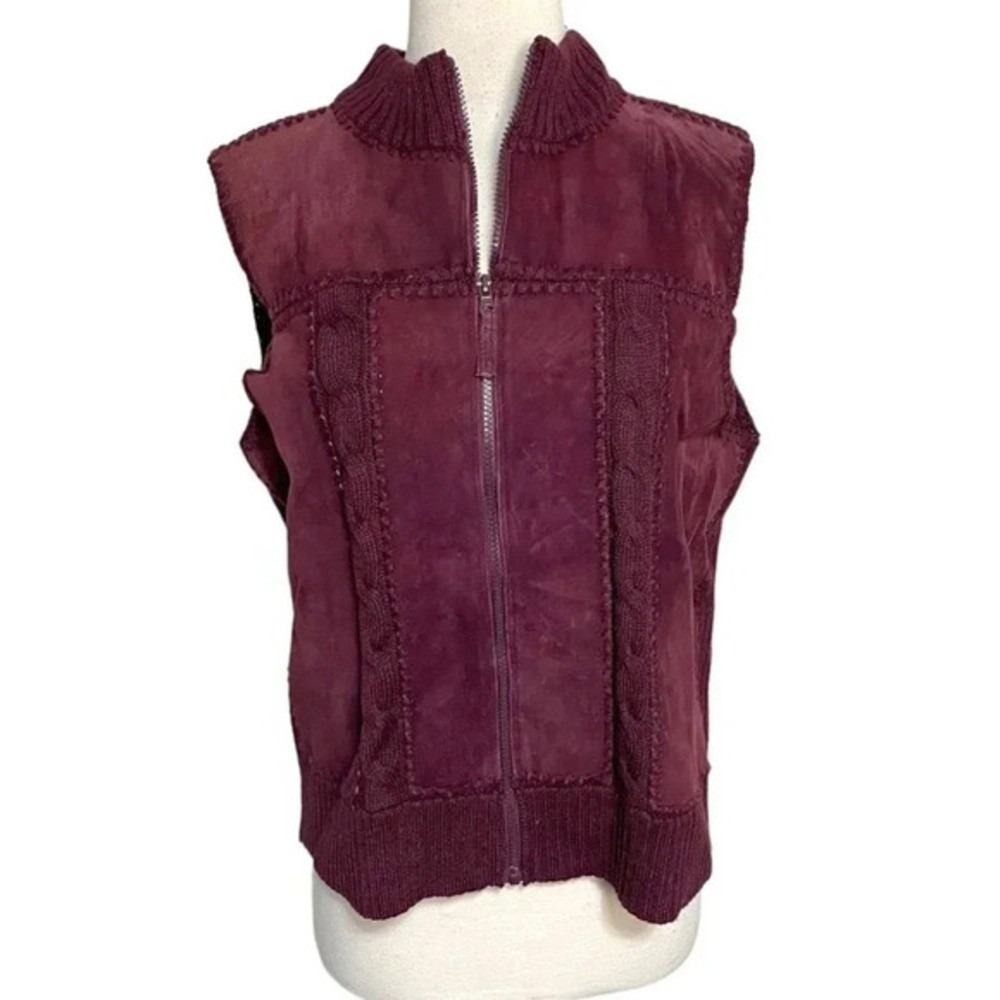 Designers Studio Originals Vest L Burgundy Suede Patchwork Knit Zip Mock Neck